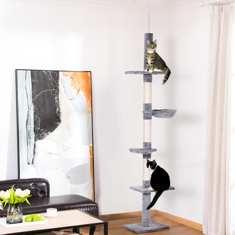 Arbre à griffer 9 pi pour plancher et plafond - blanc gris. Hauteur réglable de 90,5 po à 103,94 po, 5 plateformes, 3 zones de cordage, panneau de particules, coussin chaud, pour préserver la Tour de Pristine State de votre meuble