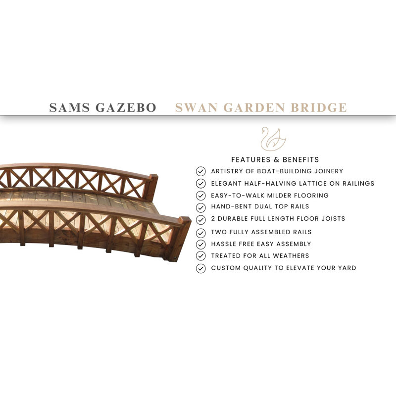 Gracefully Arched Wooden Garden Bridge with Lattice Railing