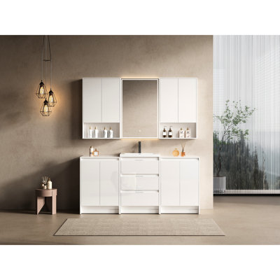 72" Freestanding Bathroom Vanity With Resin Sink, 2 Storage And Wall Cabinets, Soft Drawers, Glossy White Plywood, Space Saving Closing Doors, Utilization