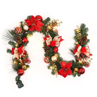 6 ft. Pre-Lit Christmas Garland with Red and Gold Ornaments, 20 LED Lights, 8 Lighting Modes and 6-Hour Timer
