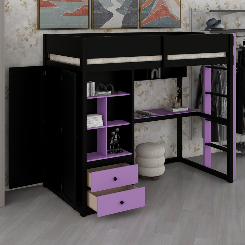 Lit mezzanine avec bureau, armoire et éclairage contrôlé par application pour les configurations de jeu, Lit simple
