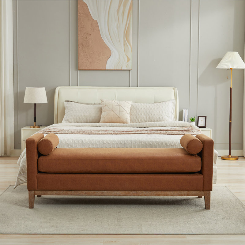 66"w Upholstered Bench For Bedroom End Of Bed, Brown Faux Leather, Brown