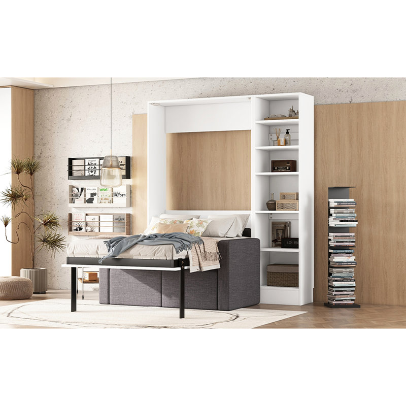 Lit simple blanc avec rangement et tablettes, Lit simple