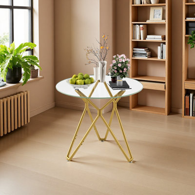 35.4-Inch Round Tempered Glass Dining Table, Suitable For 1-4 People, Space-Saving Small Kitchen Dining Table, Equipped With Sturdy Metal Table Legs, Suitable For Dining Room, Living Room