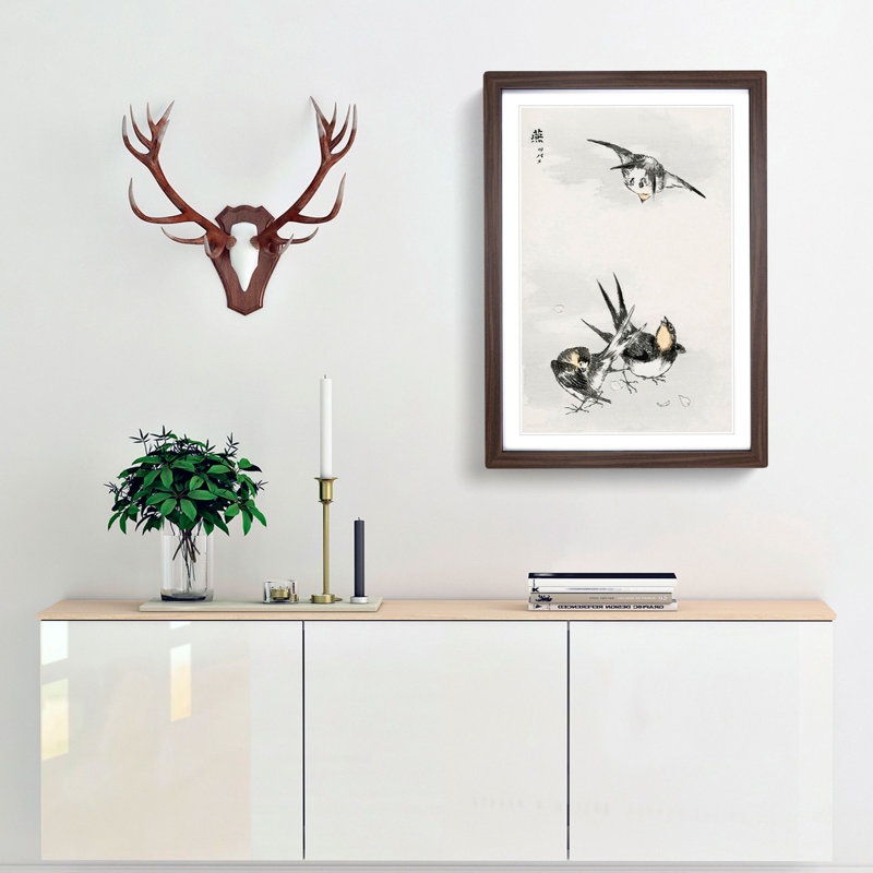 Three Swallows by Numata Kashu - Framed Print, 50cm H x 35cm W x 2cm D, Walnut