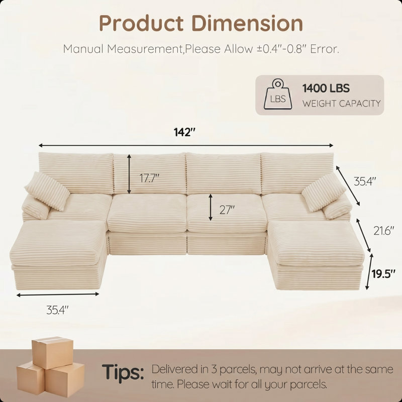 Canapé modulaire en U de 142 po avec rangement caché et deux repose-pieds avec rangement, Beige