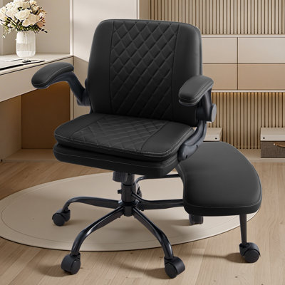 High Back Ergonomic Office Chair - Adjustable Swivel Chair with Lumbar Support, Flip-Up Arms, Retractable Footrest & Brown Diamond PU Leather for Home Office Desk-Black