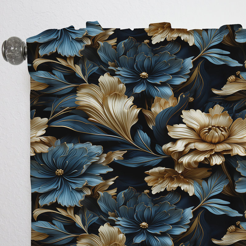 Bleu foncé et doré Techno Damask Realm - Rideau damassé - Rideau obscurcissant - 1 panneaux, L 52 po x L 108 po