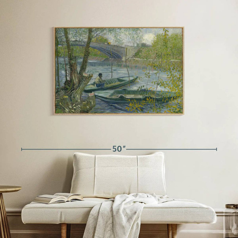Pêche au printemps, 40 po x 27 po, Cadre flottant en bois naturel
