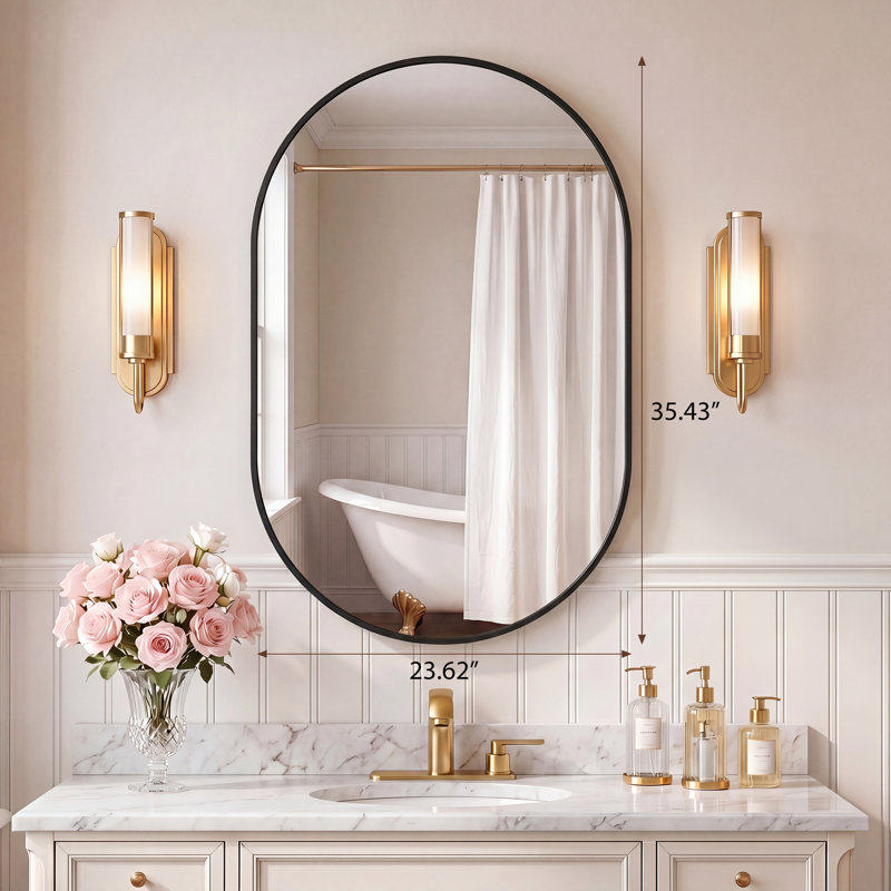 Modern Aluminum Frame Oval Wall Bathroom Mirror, Pill Shaped Vanity Mirror, Black, 35.43" x 23.62"