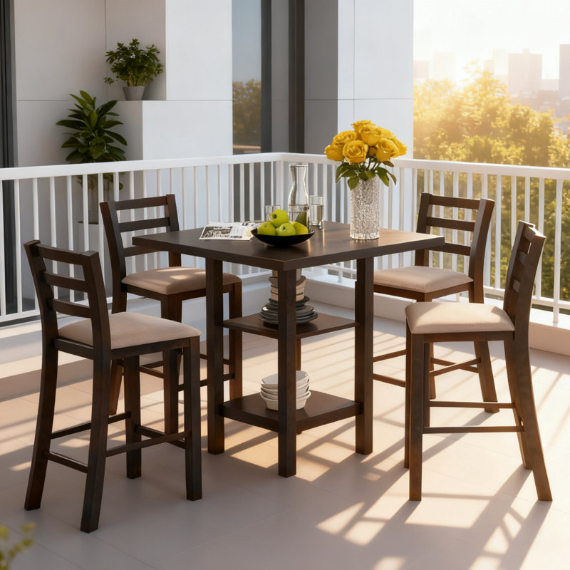 L'ensemble de salle à manger moderne 5 pièces pour 4 personnes comprend une table carrée et 4 chaises de salle à manger en toile de jute grise, une laque espresso chaude et des tablettes cachées à 3 niveaux