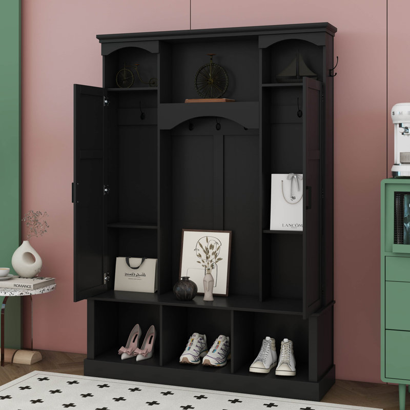 Hall Tree With Bench And Shoe Storage, Hall Tree With Adjustable Shelves, Arched Storage Bench With Cabinets, 7 Hooks, Black