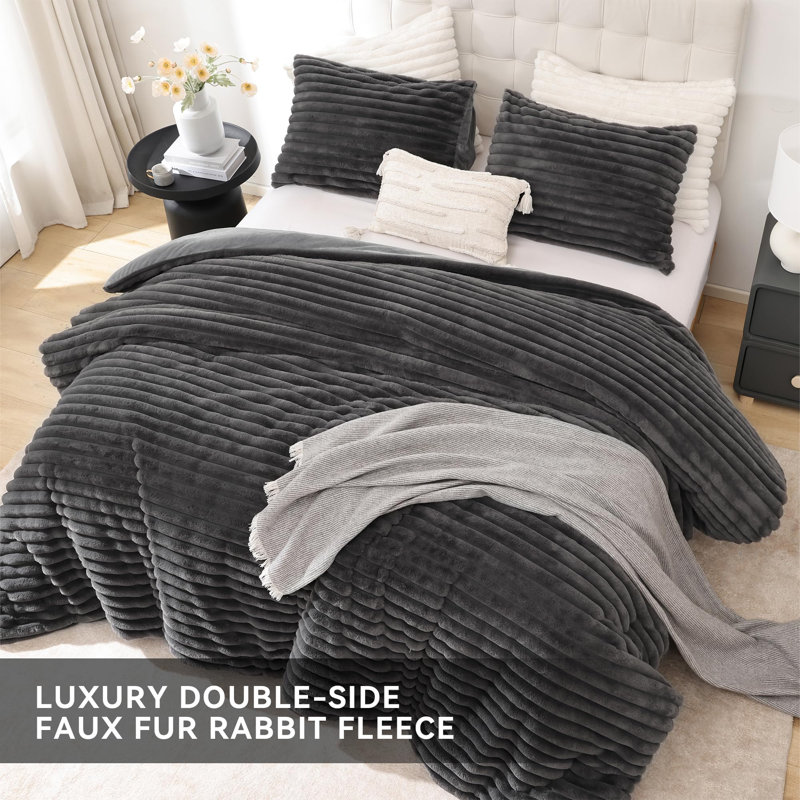 Fluffy Comforter Set 3 Pieces- All Seasons Heavy Faux Fur Comforter With Two Pillowcases, Dark Grey
