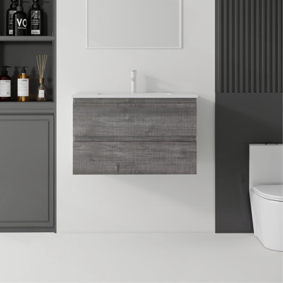 Meuble-lavabo suspendu de 76 cm avec lavabo, tiroir à fermeture douce, lavabo en céramique et contreplaqué.