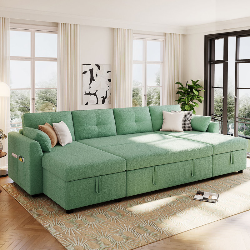 Canapé-lit modulaire en U avec rangement et ports USB pour les salons modernes, Vert