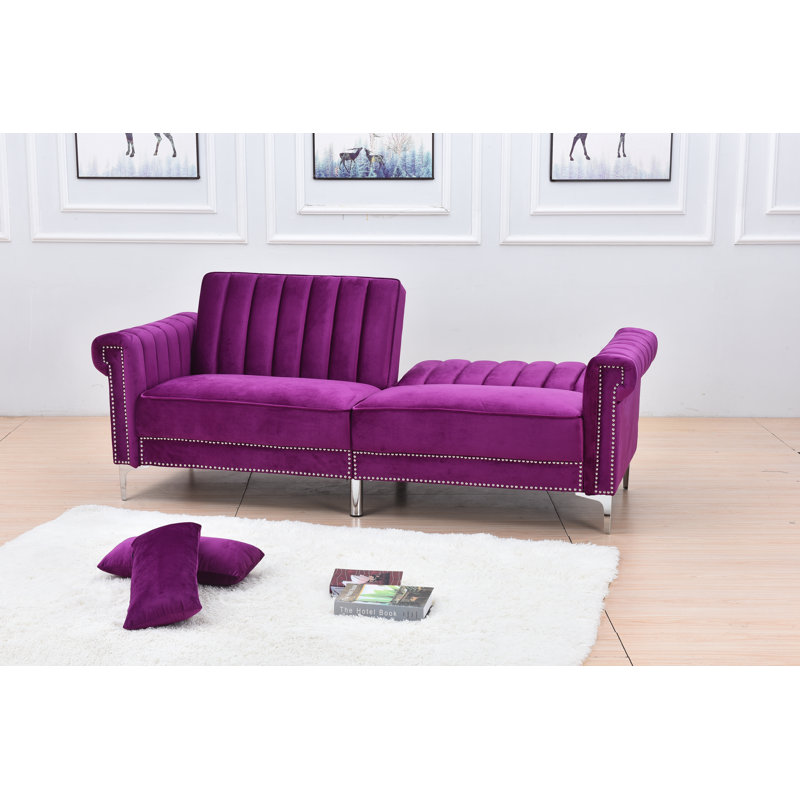Ermera 85" Velvet Round Arm Sleeper Sofa, Violet Velvet