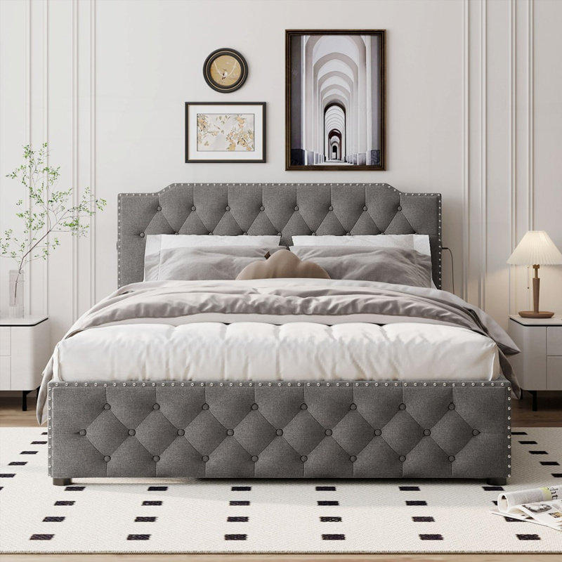 Grand lit plateforme tapissier avec lit gigogne simple Ports USB, stable et amp; Confortable, gris
