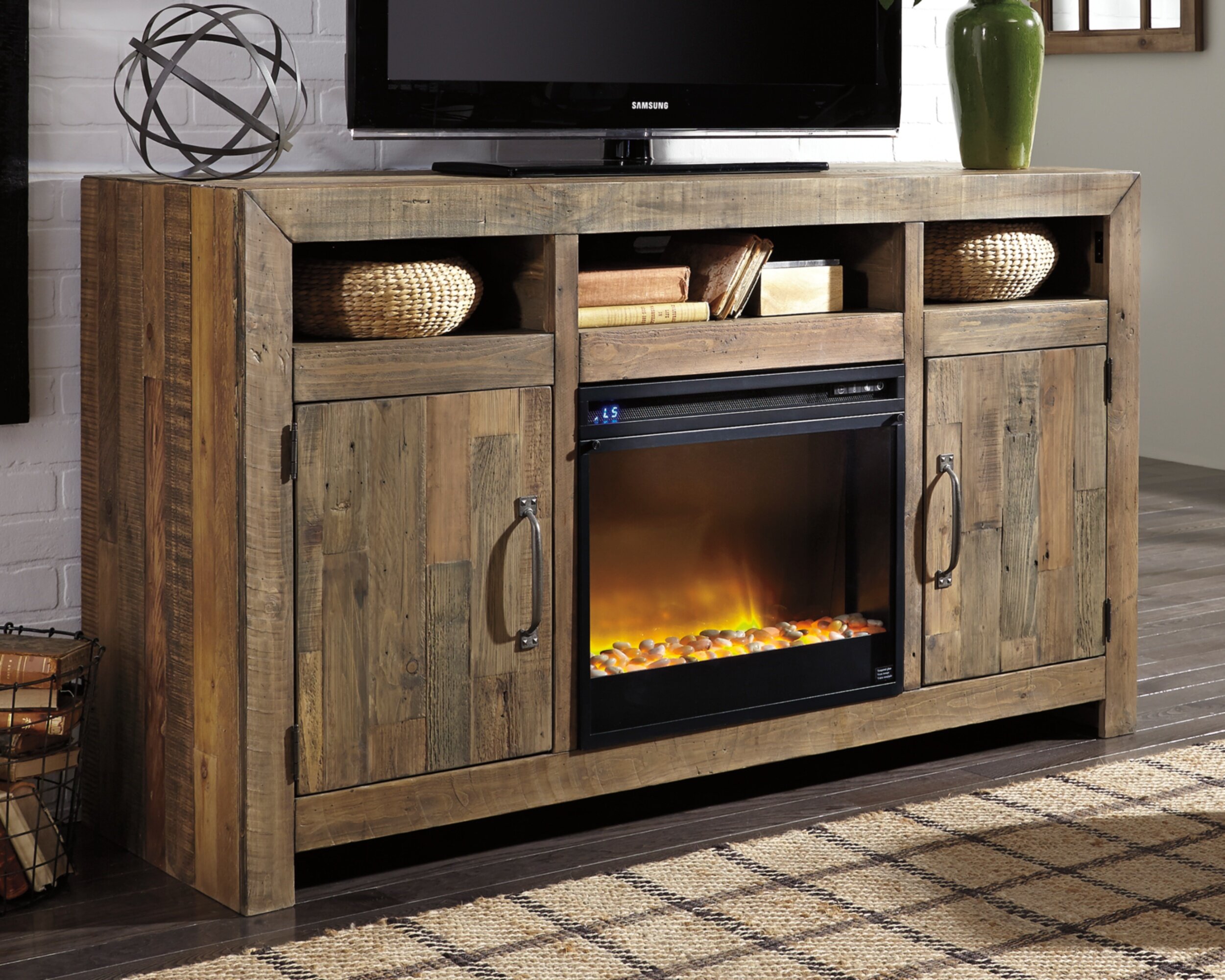 Signature Design By Ashley Solid Wood TV Stand For TVs Up To 60 With   Solid Wood Tv Stand For Tvs Up To 60 With Fireplace Included 