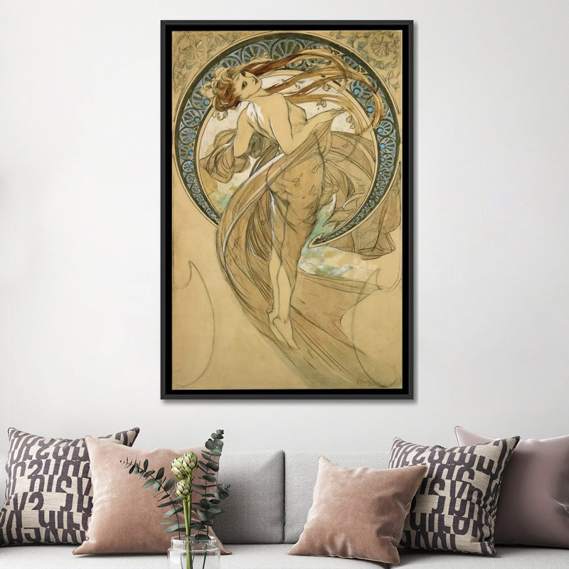 «Dance» par Alphonse Mucha, reproduction d'art sur toile, H 48 po x l 32 po x P 1,5 po, Toile avec cadre noir, Pas de tapis