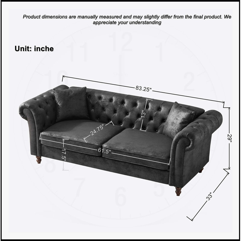Canapé en tissu 83 po Chesterfield, Gris foncé