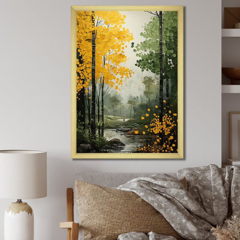 Canopée orange, arbres verts, patchwork II - art mural de salon, Encadrement doré, H 40 po x l 30 po x P 1,5 po