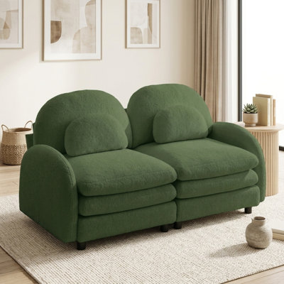 68.5" W Curved Cloud-like Modular Loveseat Sofa with Lumbar Pillows and Green Teddy Fabric