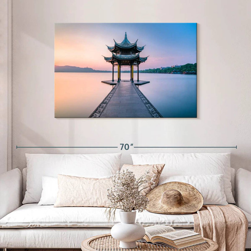 Scène de coucher de soleil au pavillon Adella Jixian, H 30 po x l 45 po