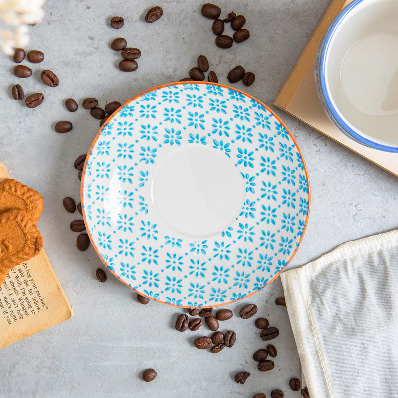 Nicola Spring Hand-Printed Cappuccino Saucers - 14.5cm - Blue - Pack of 6