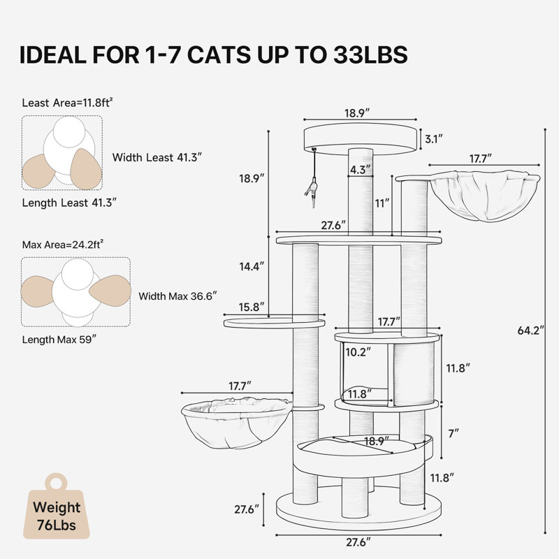 Arbre à chat multifonctionnel moderne H 65 po pour grands chats et MaineCoon, Gris foncé