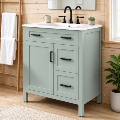 Meuble-lavabo en bois massif de 30 po avec lavabo en céramique, 2 tiroirs à fermeture en douceur, 1 porte à fermeture en douceur, tablette réglable et poignées noires, vert sauge