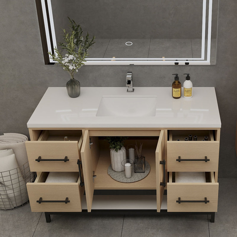Victoria Wall-Mounted Vanity with Reinforced Acrylic Sink & Rack, Yellow Oak