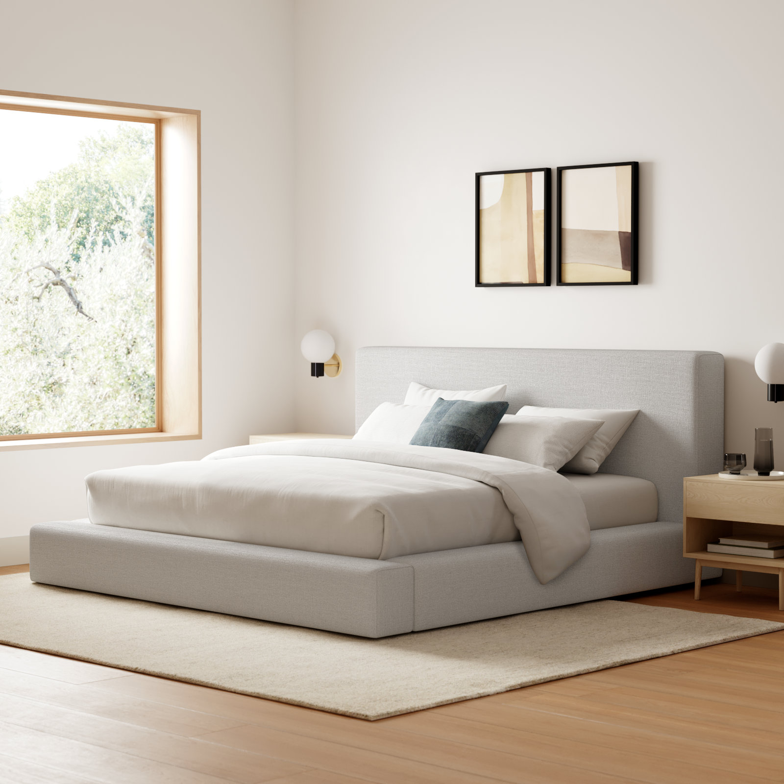 Ishia Velvet Upholstered Bed, Cream Linen, Full