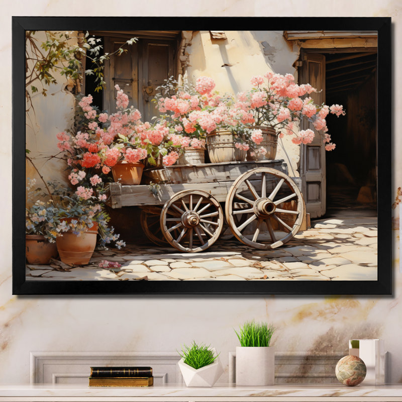 Vieille roue de chariot rose sur toile, H 12 po x l 20 po x P 1 po, Cadre photo noir