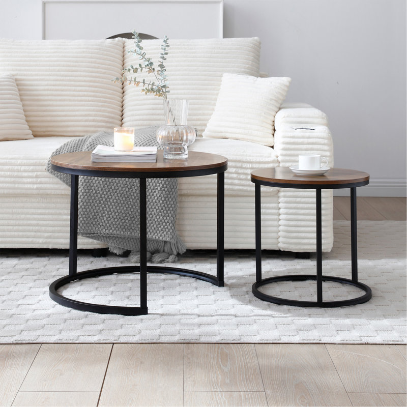 Set of 2 Coffee Table Nesting Side Round End Table Top Sturdy Metal Frame Desk