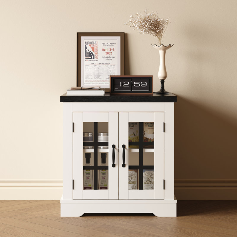 Farmhouse Sideboard Buffet with 2 Glass Doors and Built-in Power Outlet, 24.41" H x 23.62" W x 23.62" D, Black/White