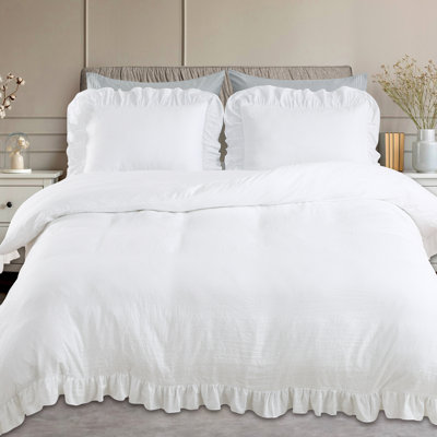 White Vintage French Country Ruffle Fringe Duvet Cover Set 3-Piece Soft Microfiber Farmhouse Bedding Breathable Durable (90x90 Inch)