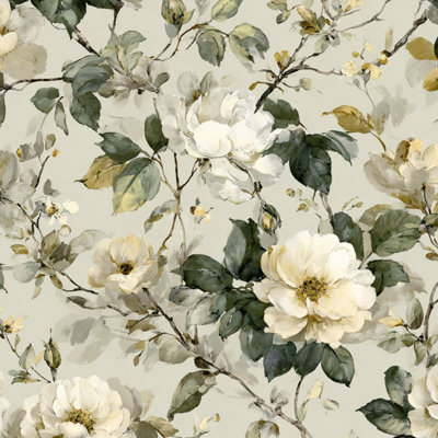 Peel and Stick Wallpaper Elegant White Cream Floral Botanical Green Leaves Vintage Watercolor Contact Paper Removable Self Adhesive Wall Mural Wall Decor for Bedroom Kitchen Cabinets 24in x 118in
