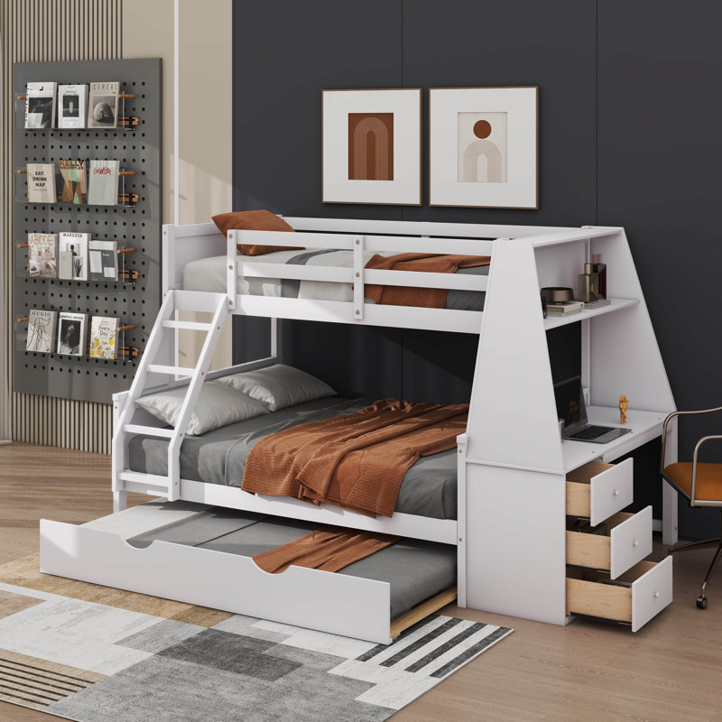 Lit superposé avec lit gigogne et bureau intégré, trois tiroirs de rangement et une tablette, White