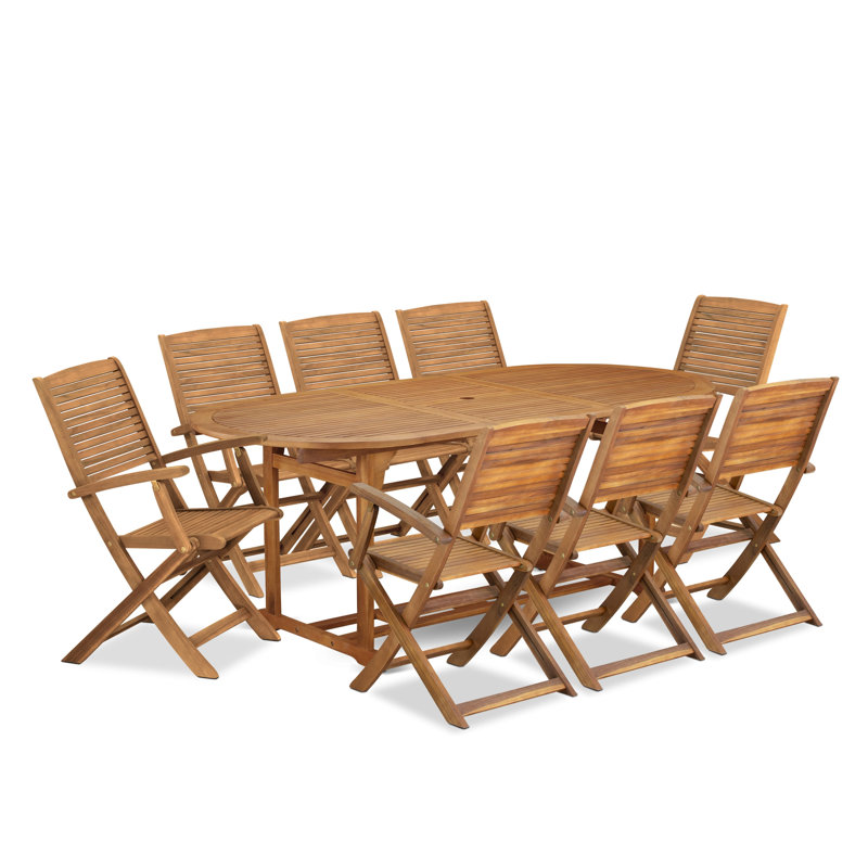Ensemble de salle à manger 9 pièces pour patio composé d'une table d'extérieur ovale en bois d'acacia et de 8 chaises à accoudoirs pliantes, huile naturelle