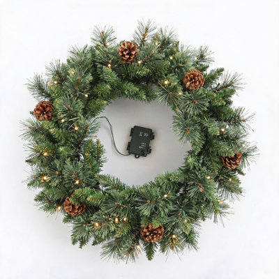 24" Artificial Large Winter Christmas Wreath With LED Lights Farmhouse Pinecone Pre-Lit Wreaths For Front Door Or Wall