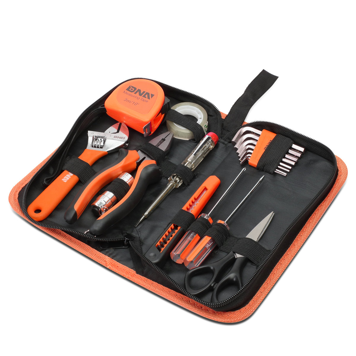 DNA Motoring TOOLS-00032 18 Piece Mechanic's Home Repair Tool Set, Includes Pliers, Wrench, Hex Keys, Screwdrivers, Scissors, and Tape Measurer, 1