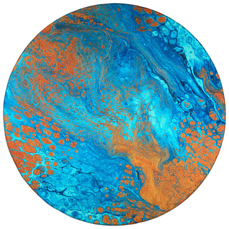 Tapis bleu / orange abstrait tissé à la machine, Rond 8 pi