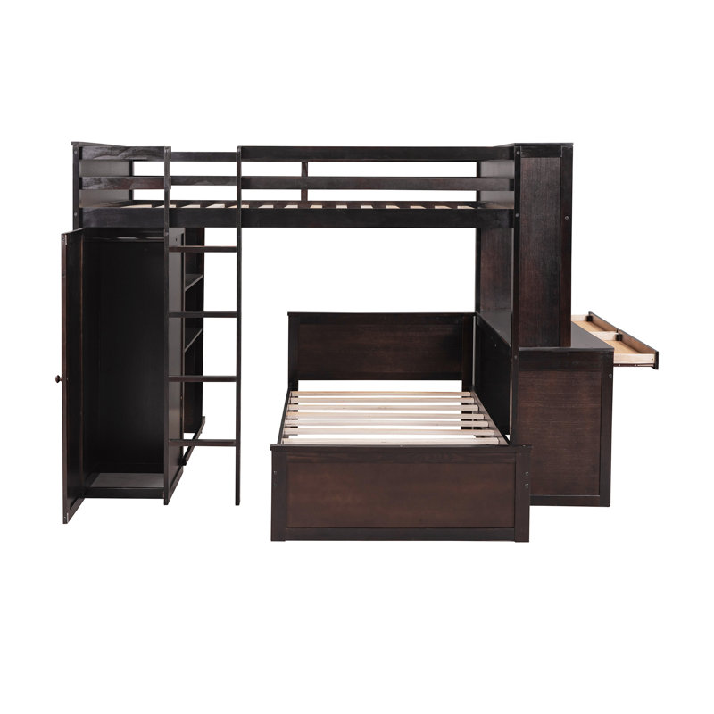 Lit mezzanine double avec lit simple autoportant, tablettes, bureau et garde-robe espresso, Lit double, Espresso