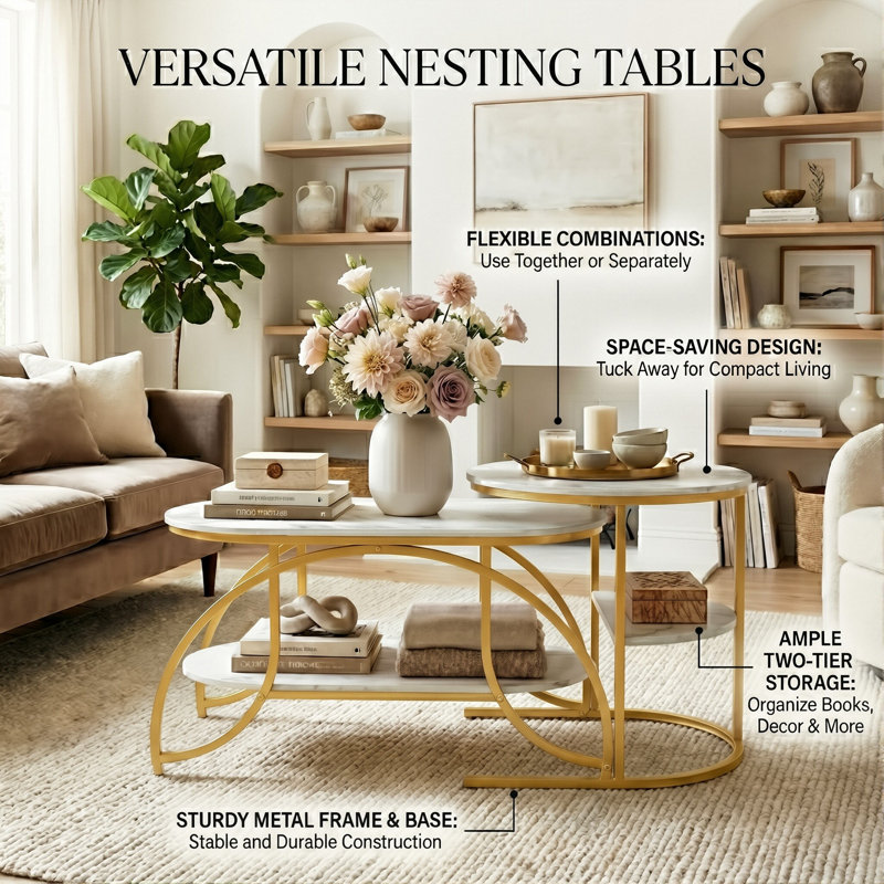Oval & Round Nesting Coffee Tables (80+52Cm), High-Low Marble Effect Duo With 4-Tier Storage, Gold
