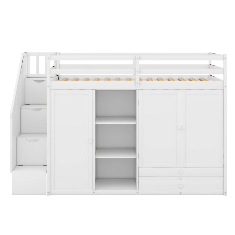 Lit mezzanine simple avec 3 tablettes, 2 armoires et 2 tiroirs, échelle avec rangement, Blanc