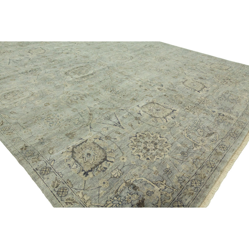 Tapis gris en laine noué à la main, Rectangle 10 pi x 14 pi