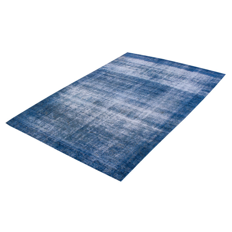 Tapis bleu foncé en laine noué à la main de conception unique 8 pi x 12 pi 7 po New Age
