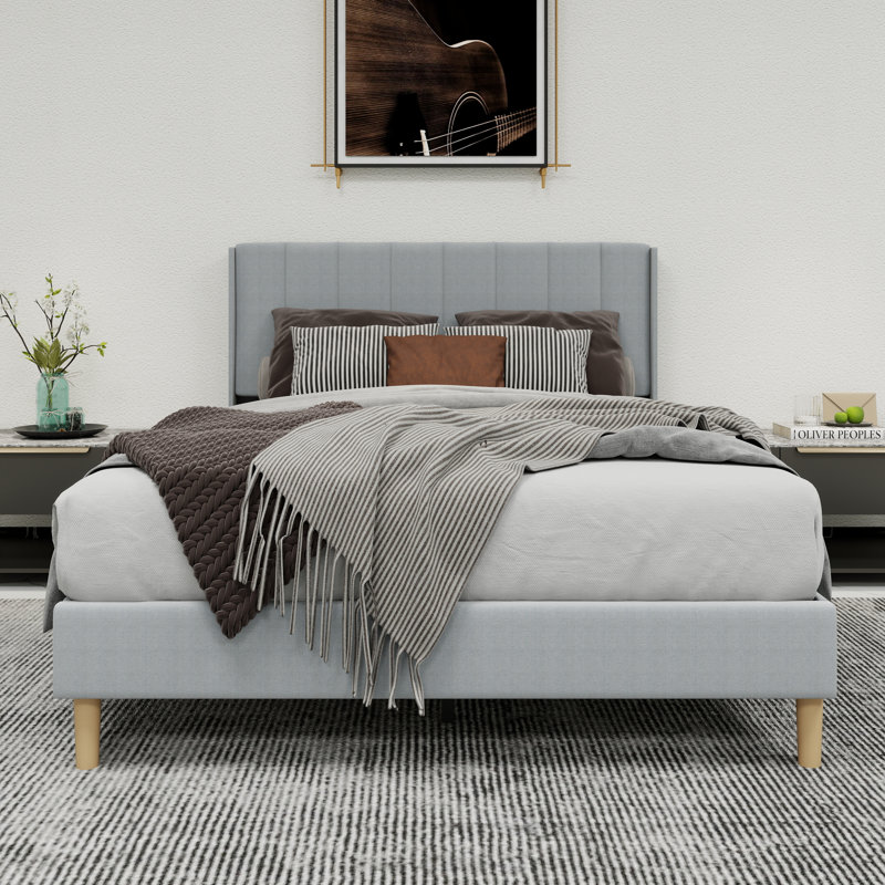 Lit plateforme tapissier avec tête de lit, Gris pâle, Complète