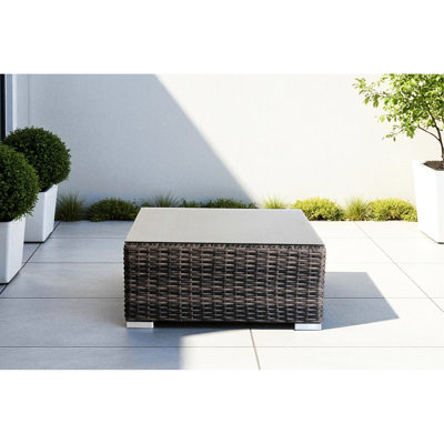 Table basse d'extérieur carrée brune, verre trempé, cadre toutes saisons, carré 28 po, 20 lb, sans assemblage, titre de style hôtelier