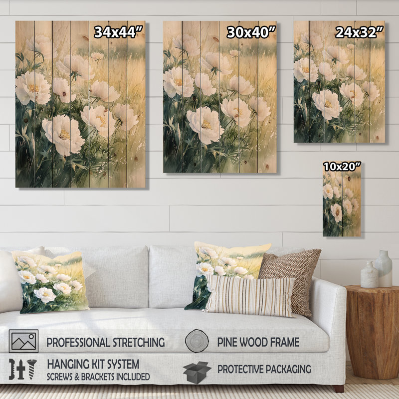 Peonies And The Open Field I - Peonies Wood Wall Decor - On Natural Pine Wood, 20" H x 10" W x 0.78" D